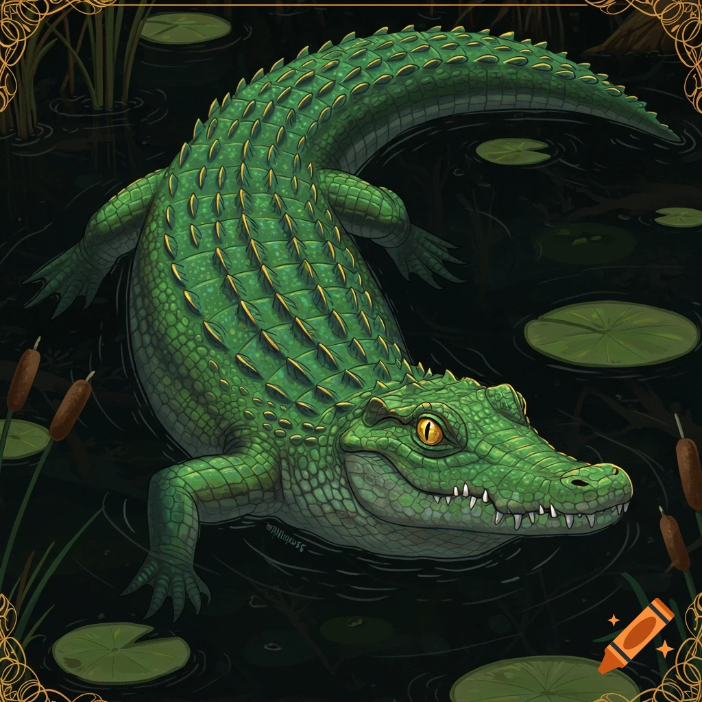 Illustration of a green crocodile swimming in dark water with lily pads and reeds, framed by an ornate border.
