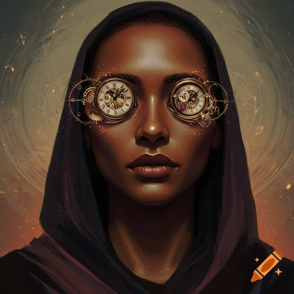Portrait of a mysterious person wearing a hood with clocks in their eye sockets, steampunk style.