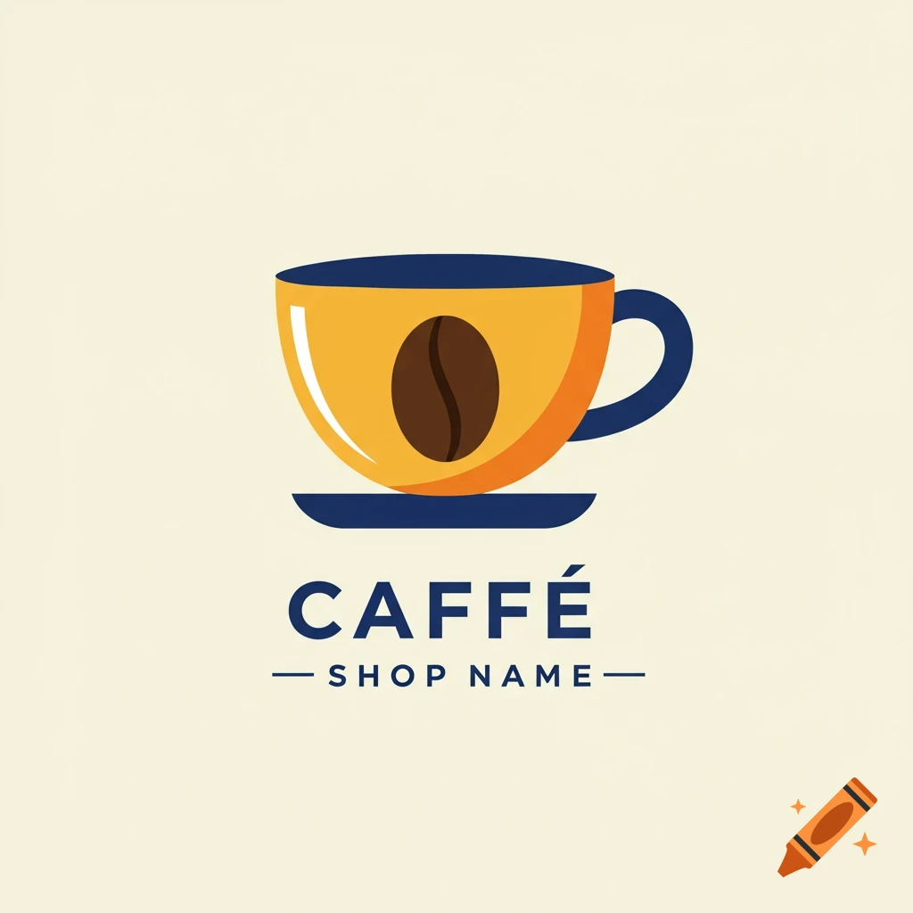 Coffee shop logo illustration with cup, bean, and text