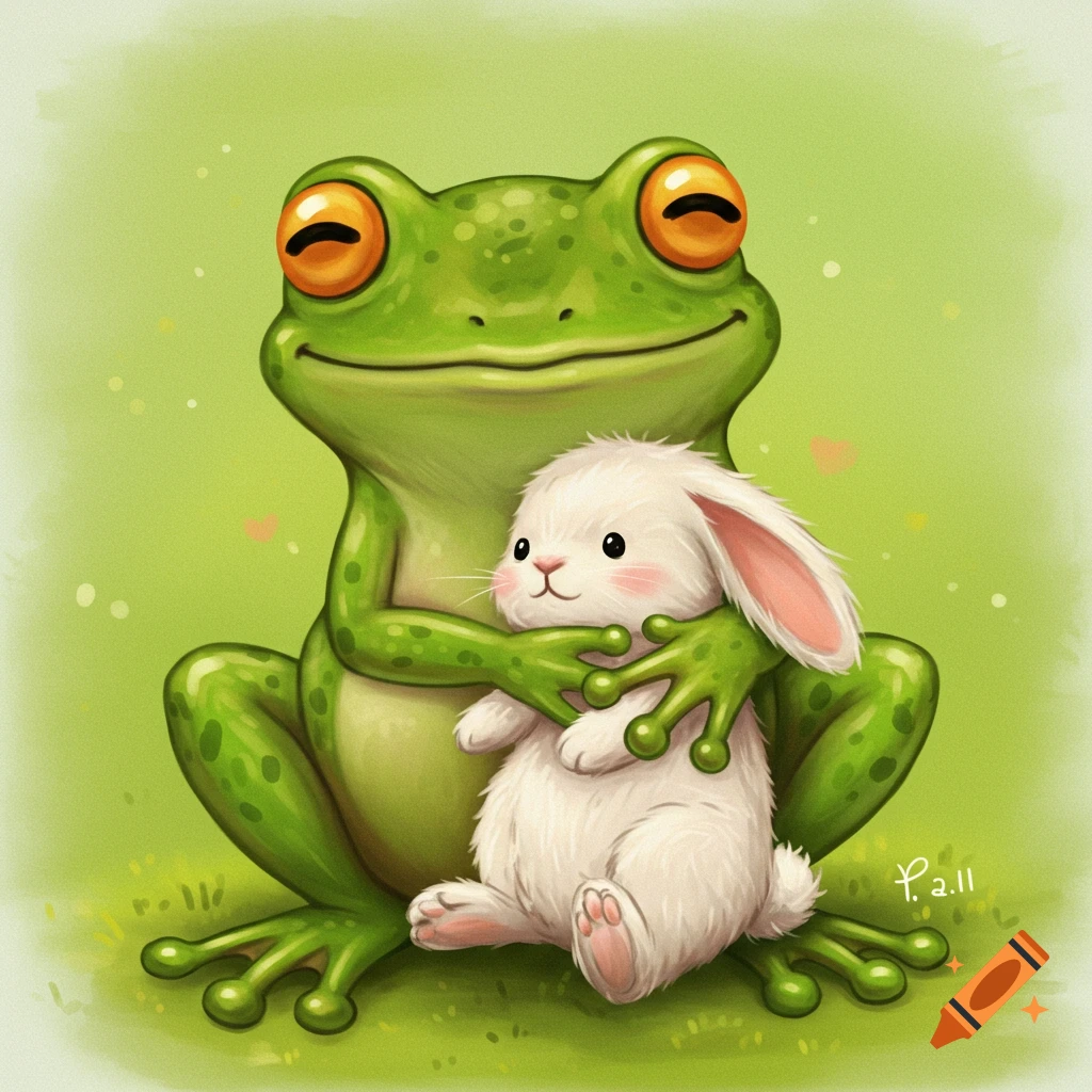 Illustration of a green frog hugging a white bunny in grass.