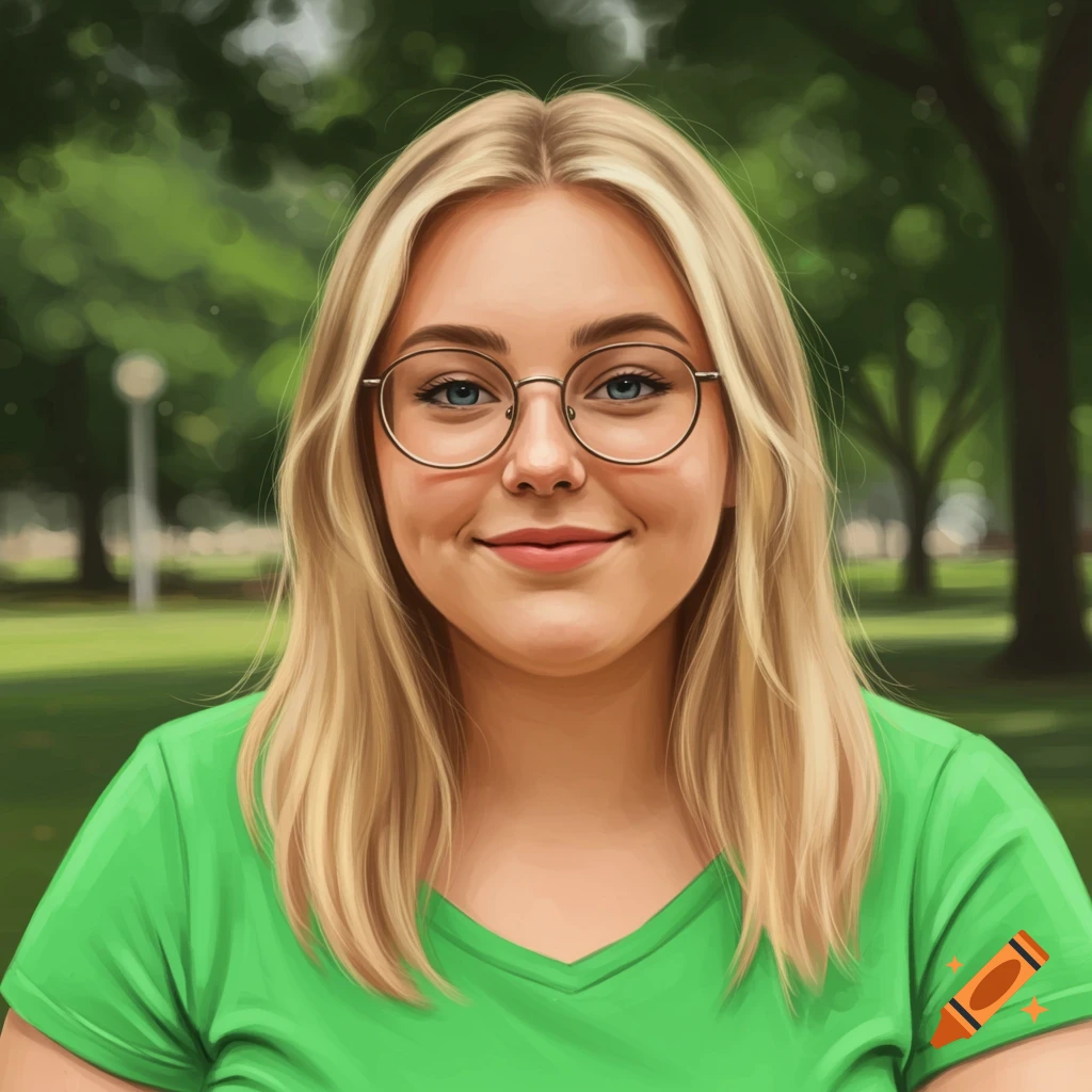 Portrait of a smiling blonde woman with glasses in a green shirt outdoors.