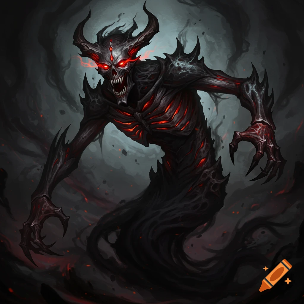 A menacing dark fantasy illustration of an evil spirit with glowing red eyes and chest emerging from shadows.