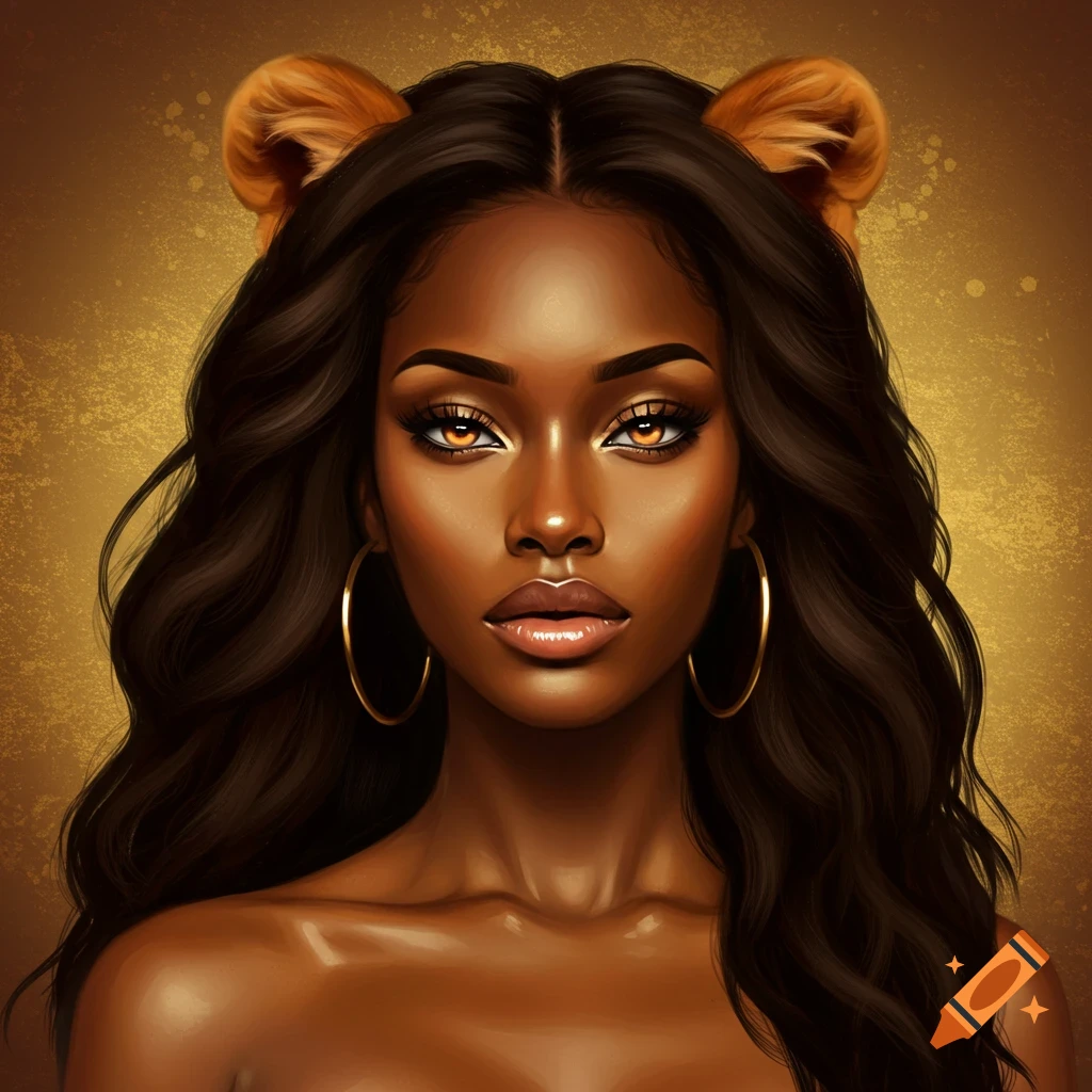 Portrait of a woman with lion ears, golden eyes, long dark hair, and gold hoop earrings against a gold background.