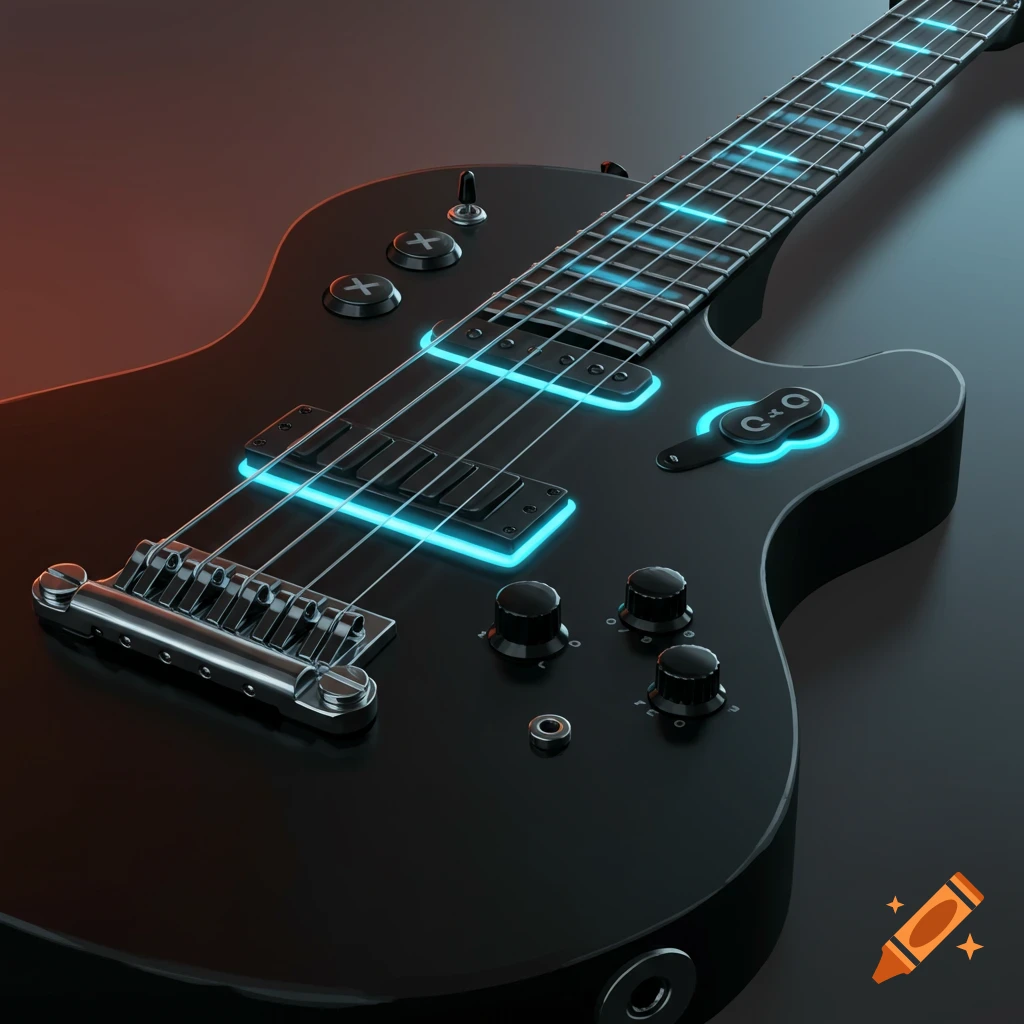 A futuristic black electric guitar with bright blue glowing accents and controller-like knobs.
