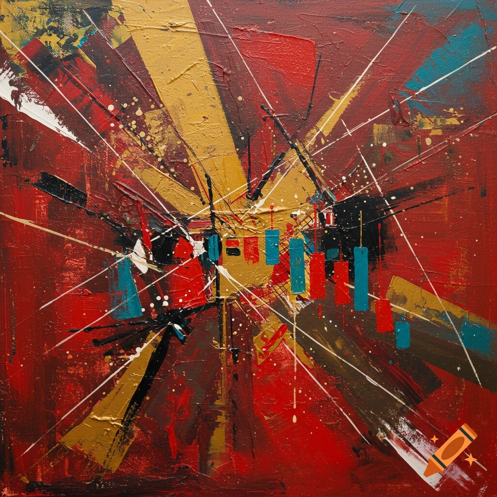 Abstract painting with red, gold, and blue shapes, strong lines, and textured brushstrokes.