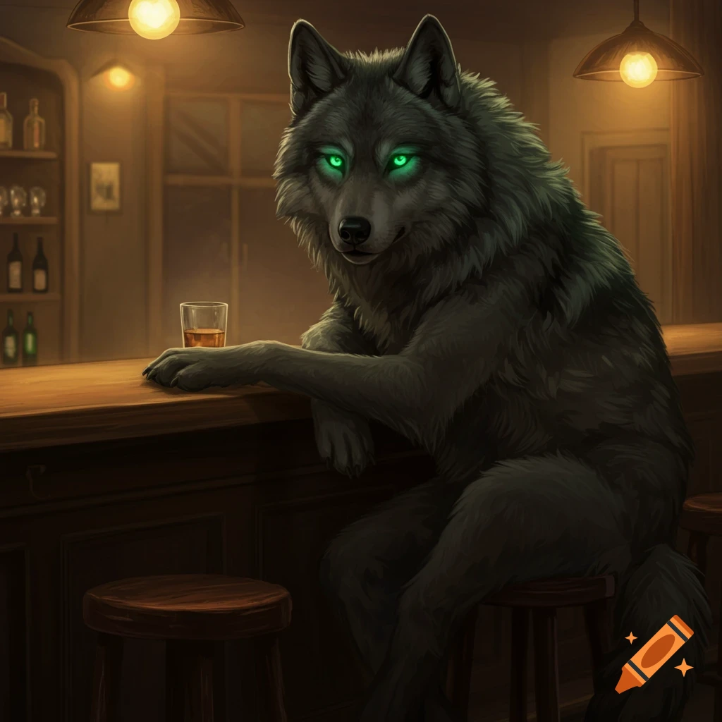 A wolf with glowing green eyes sits at a wooden bar.