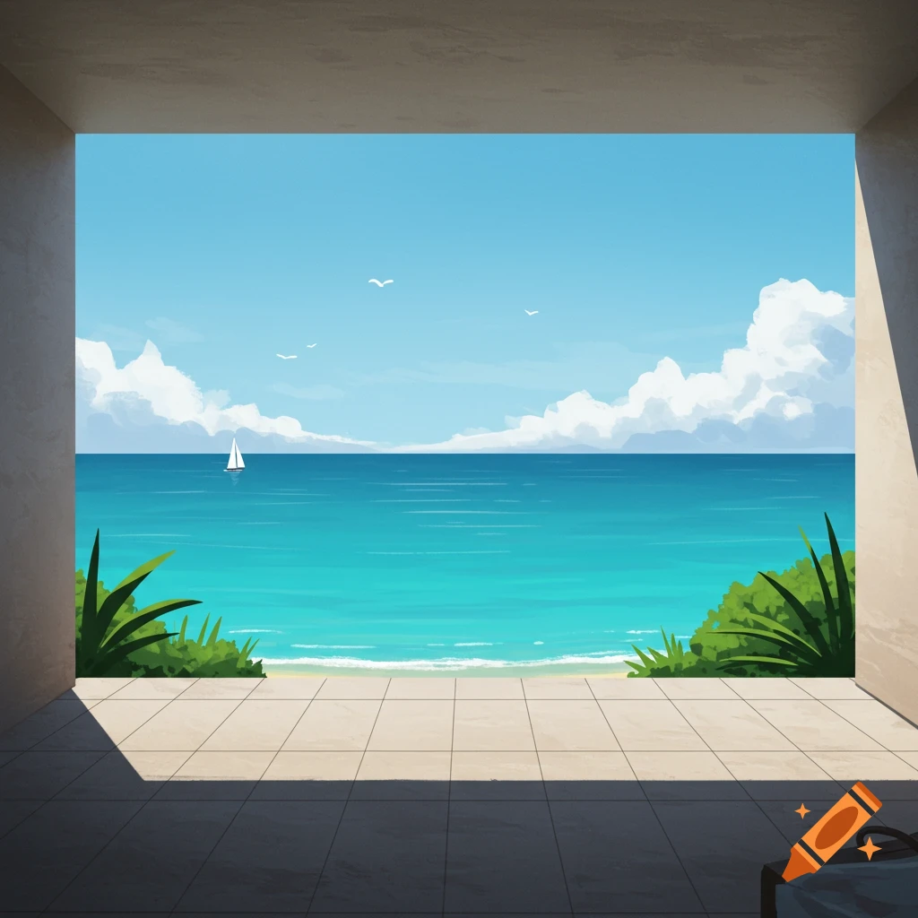 Stylized illustration of an ocean view from a patio with a sailboat, beach, and birds.