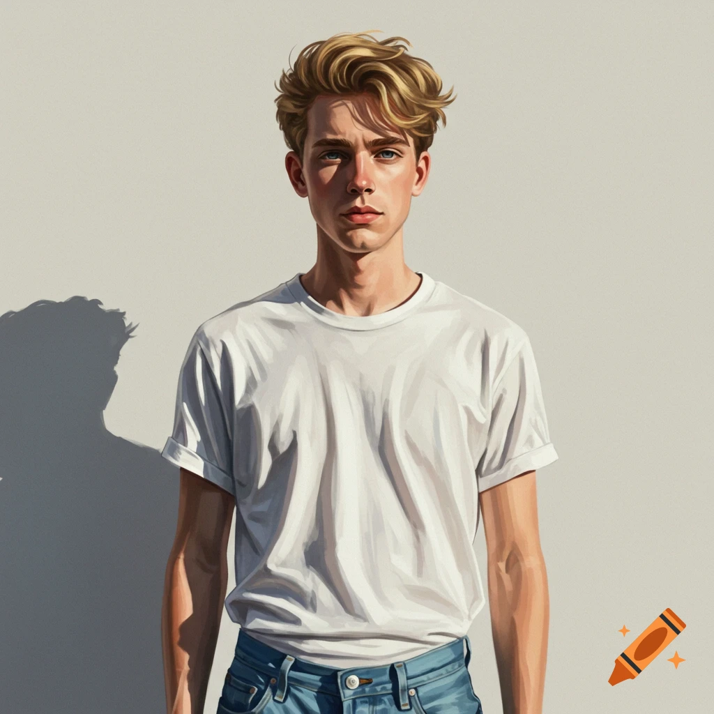 A young man with blonde hair in a white t-shirt and jeans stands against a wall in a stylized portrait.