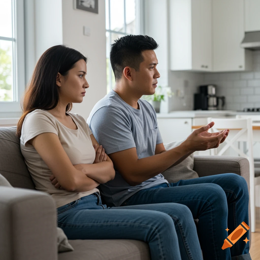 Couple sits on a couch looking upset during a discussion.