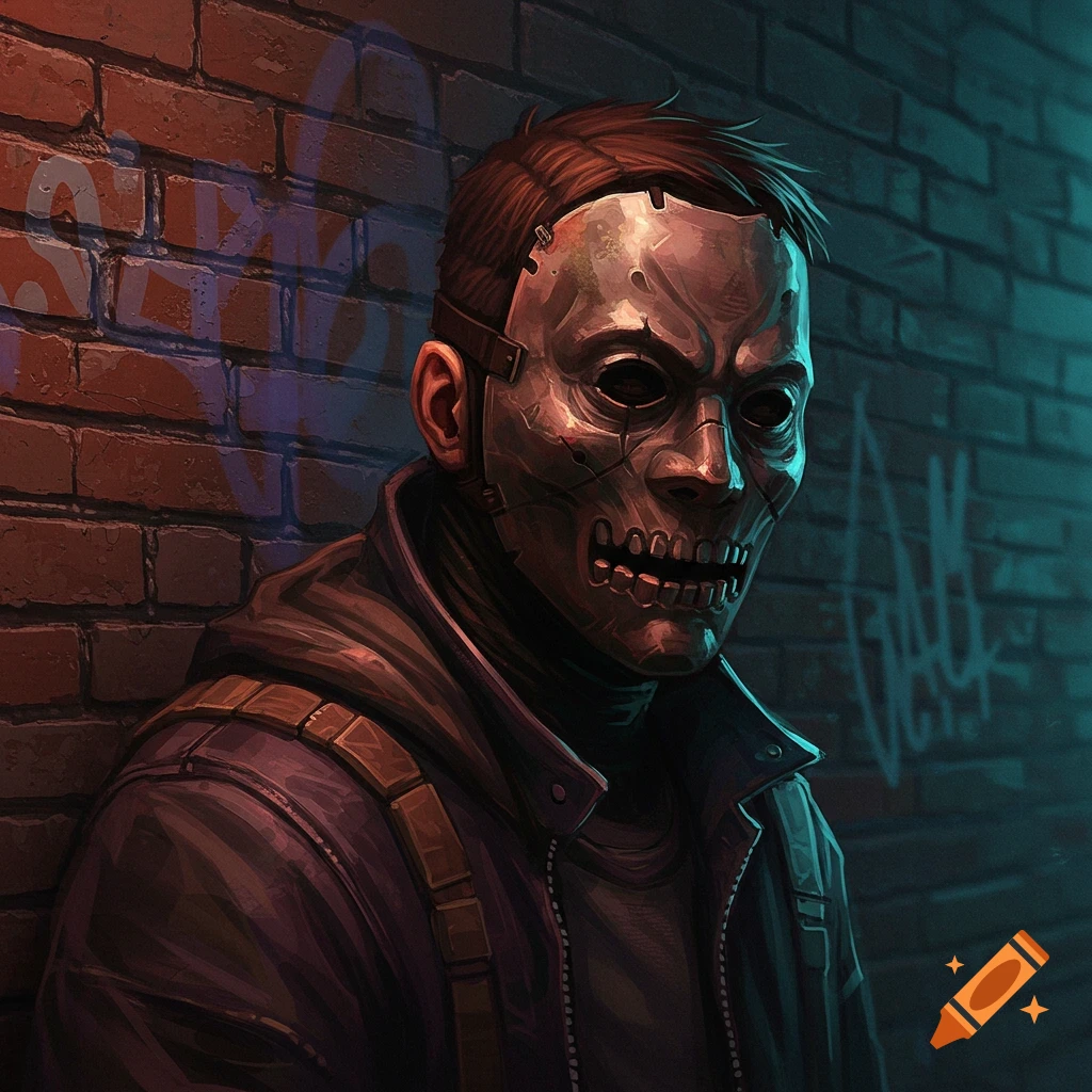 Illustration of a masked man leaning against a brick wall.