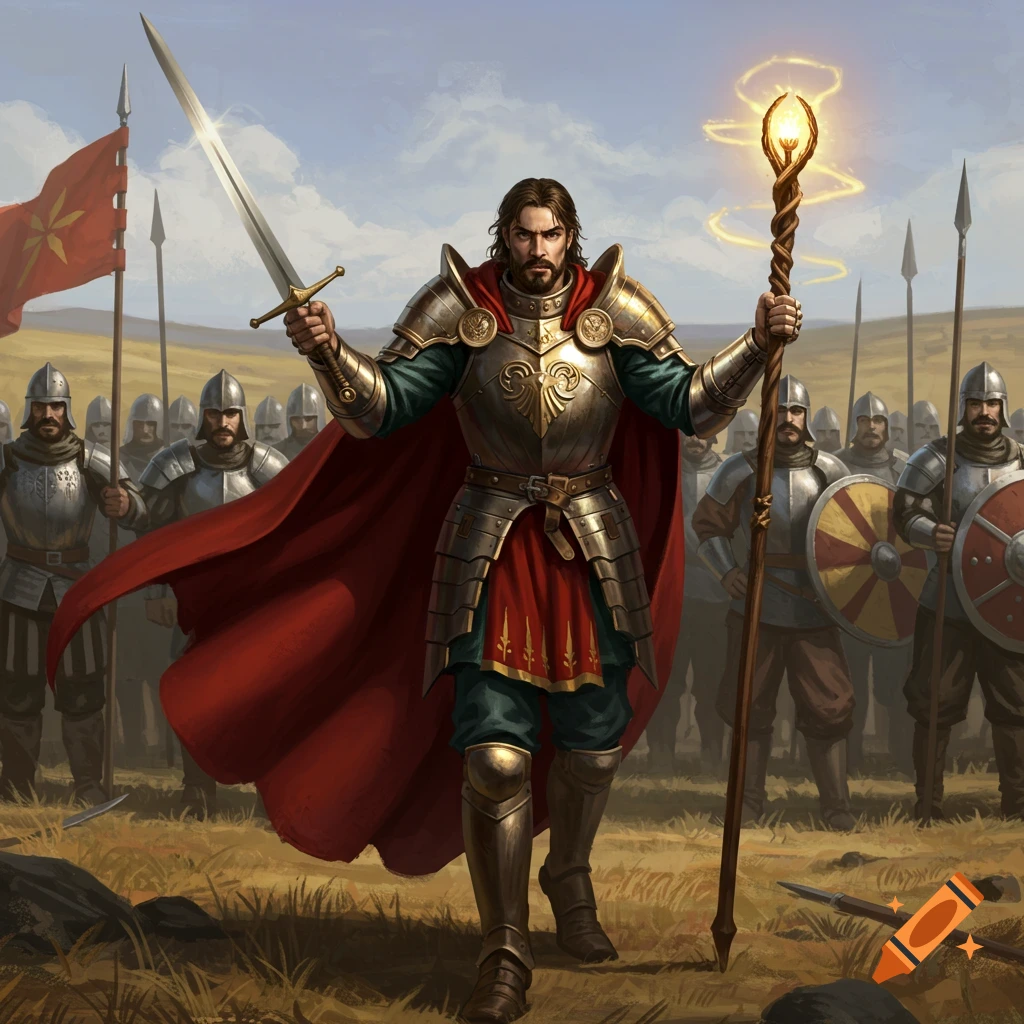 A warrior in armor holding a sword and glowing staff stands before an army.