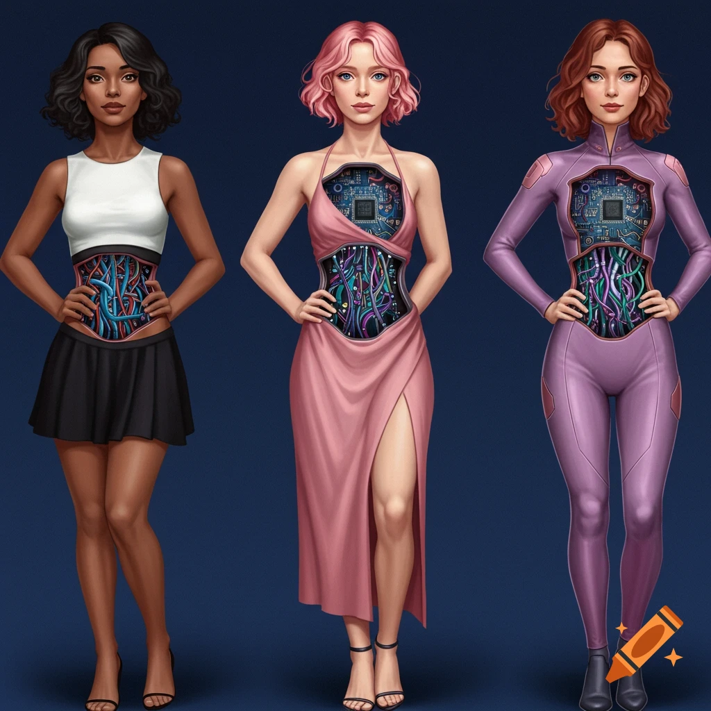 Three women standing side-by-side, showing internal wires and circuitry in their torsos, wearing different clothes.