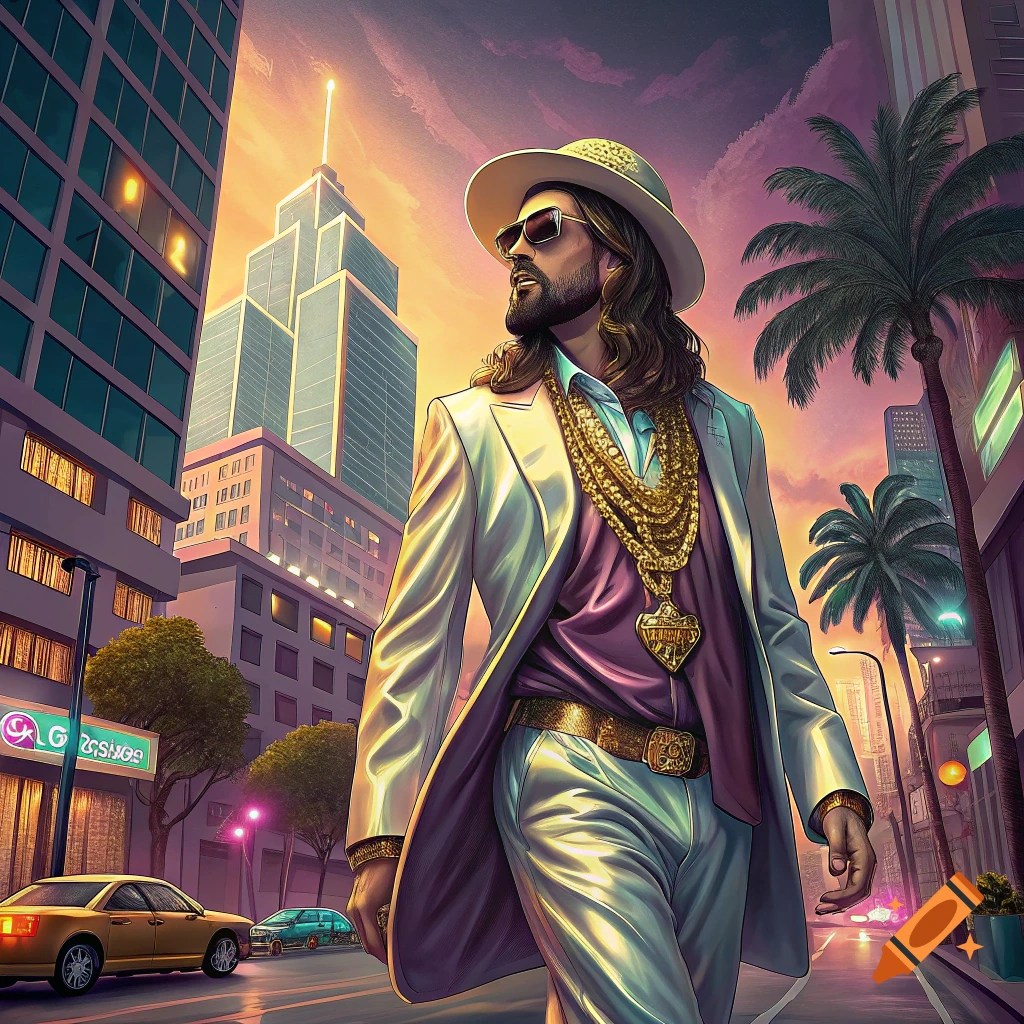 A stylized image of a man in a white suit, hat, and gold chains walking down a city street at sunset.