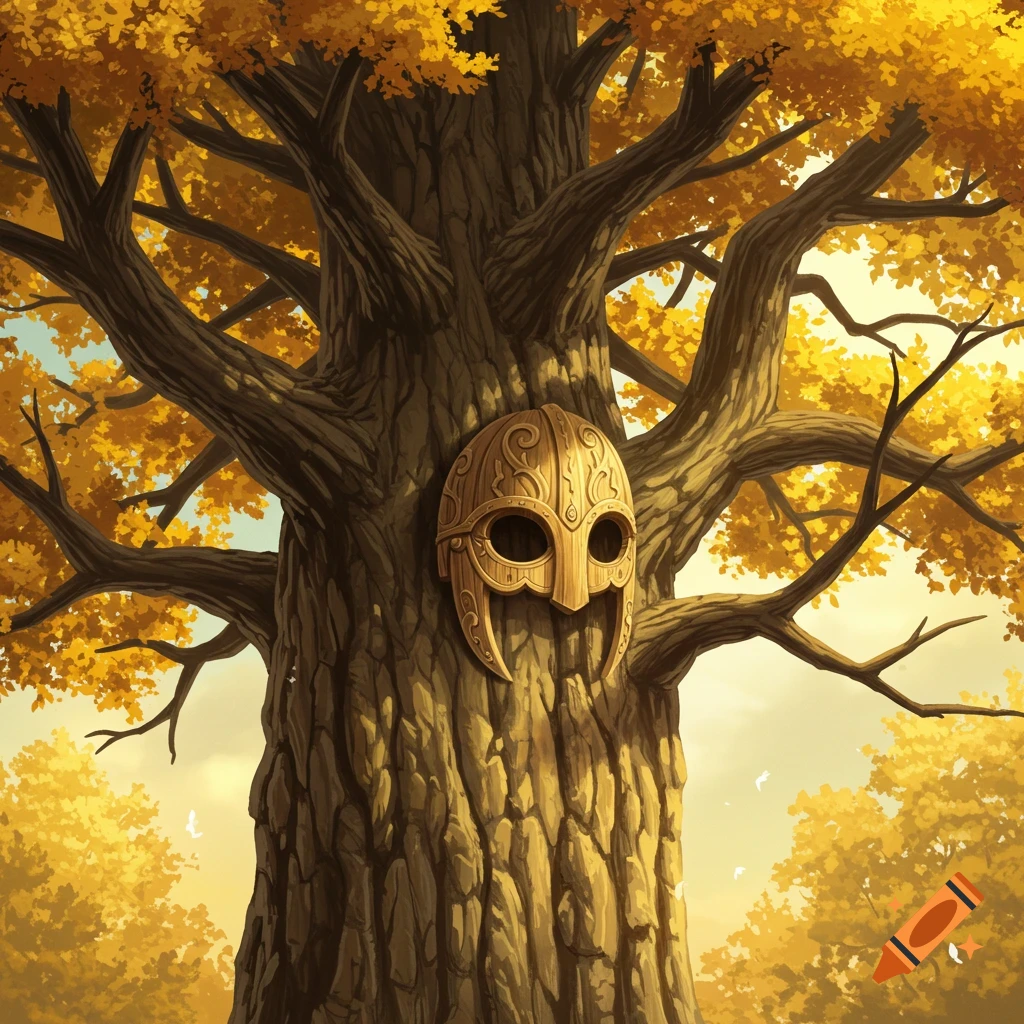An illustrated scene of a large autumn tree with a carved wooden mask attached to its trunk.