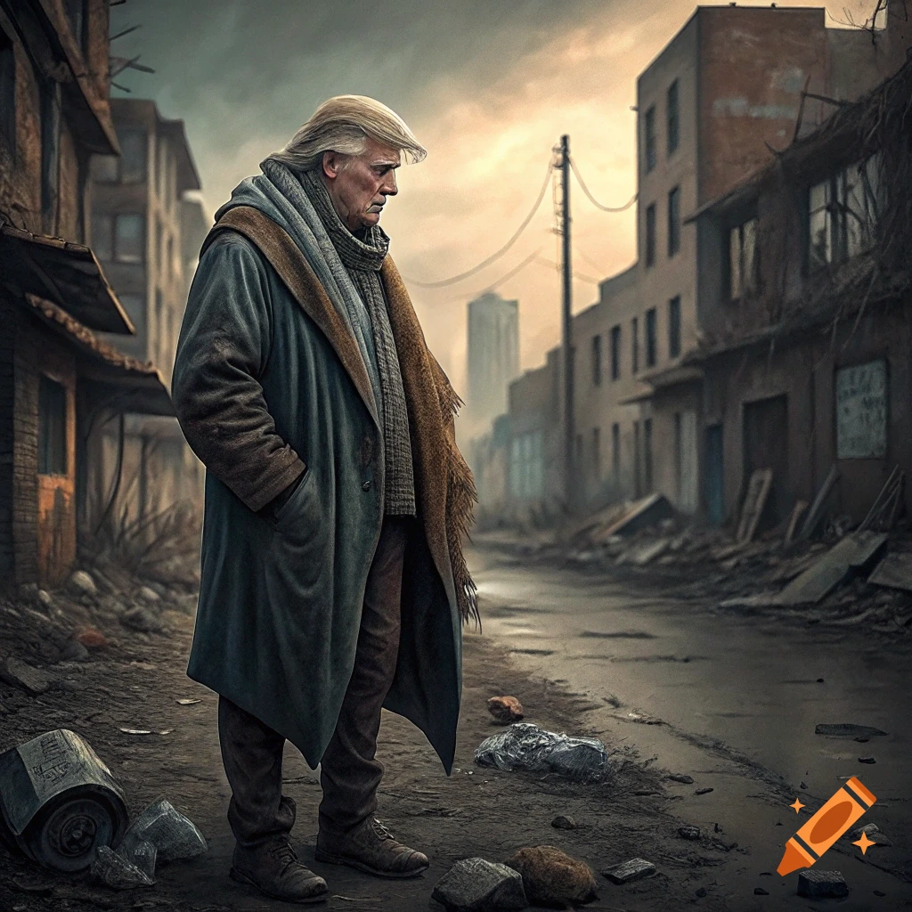 Man resembling Trump stands in a ruined city street wearing a coat and scarf, looking down.