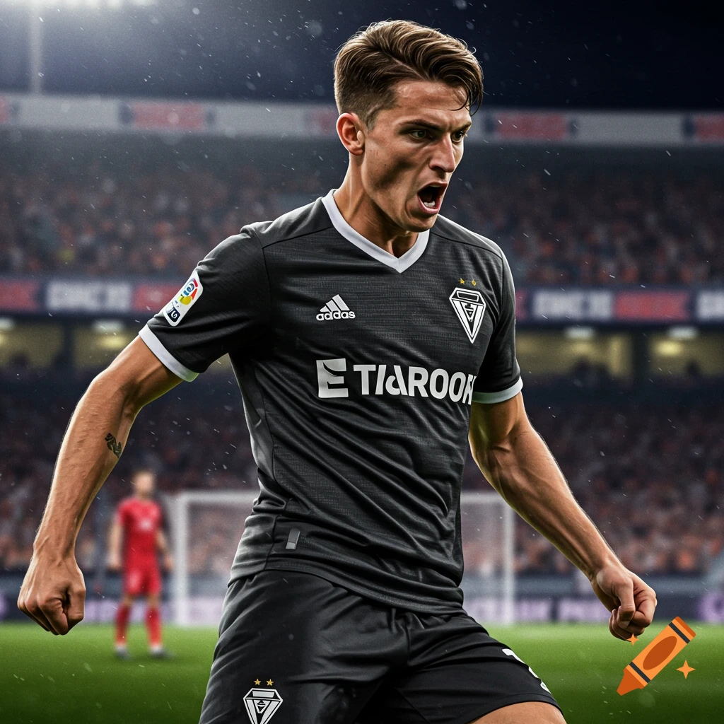 A male soccer player in a black jersey celebrates on the field during a match. Photorealistic.