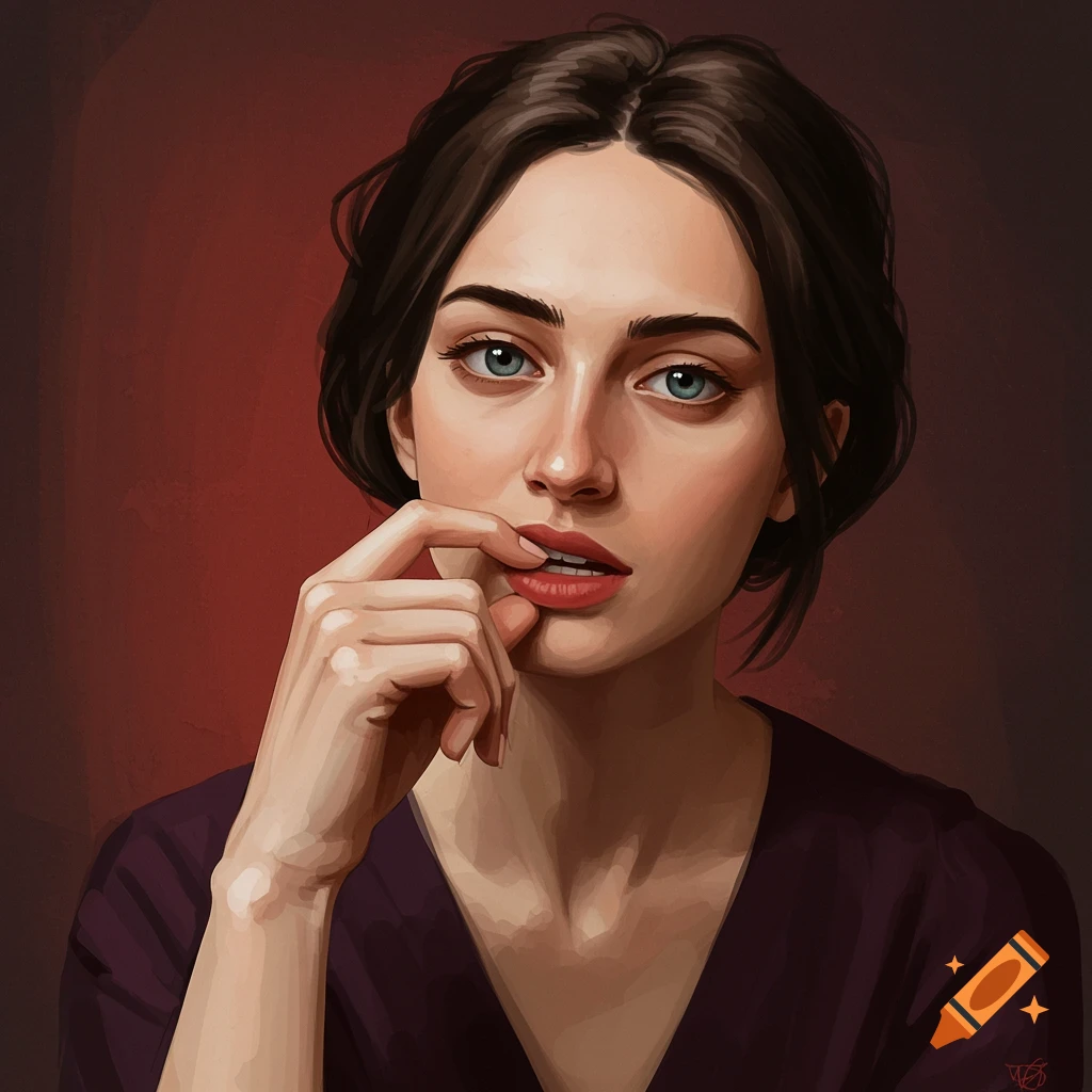 Portrait of a woman with dark hair and blue eyes, wearing a purple top and biting her finger.