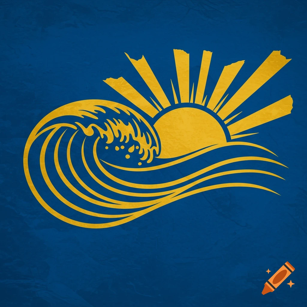 Stylized gold wave and sun symbol on a blue background.