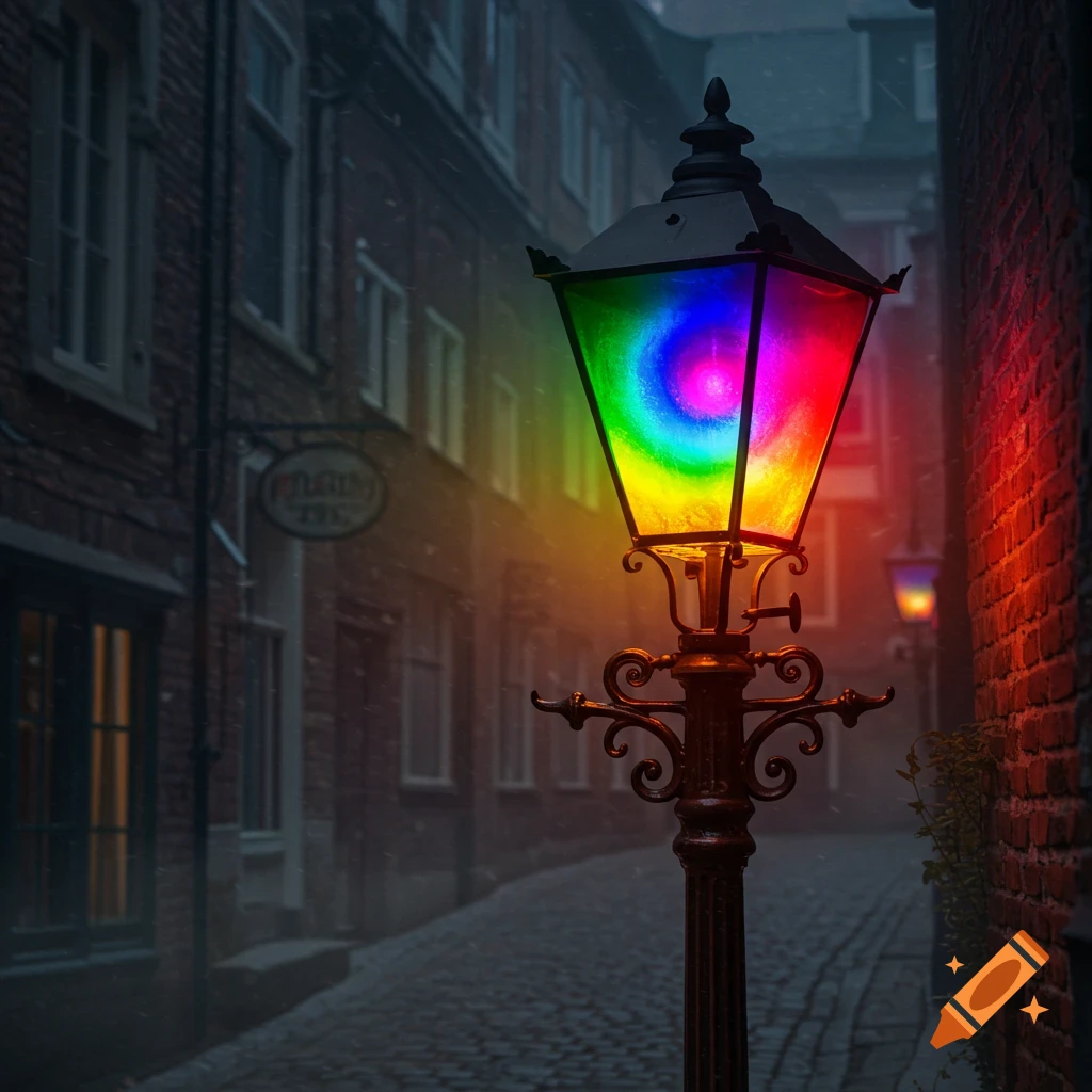 A vibrant rainbow-colored street lamp on a cobblestone street in front of old buildings, with snow falling.