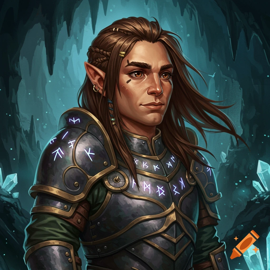 A halfling fighter wearing arcane armor stands in a crystal cave.