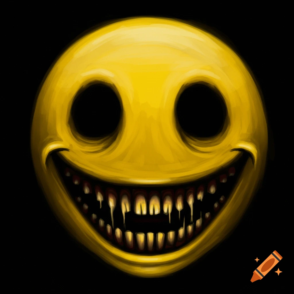 A creepy yellow smiley face with large black eyes and sharp, fanged teeth grins on a black background.