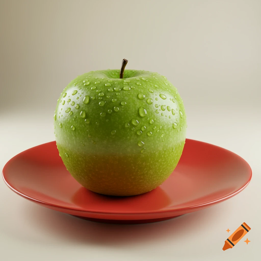 A green apple covered in water droplets sits on a red plate.