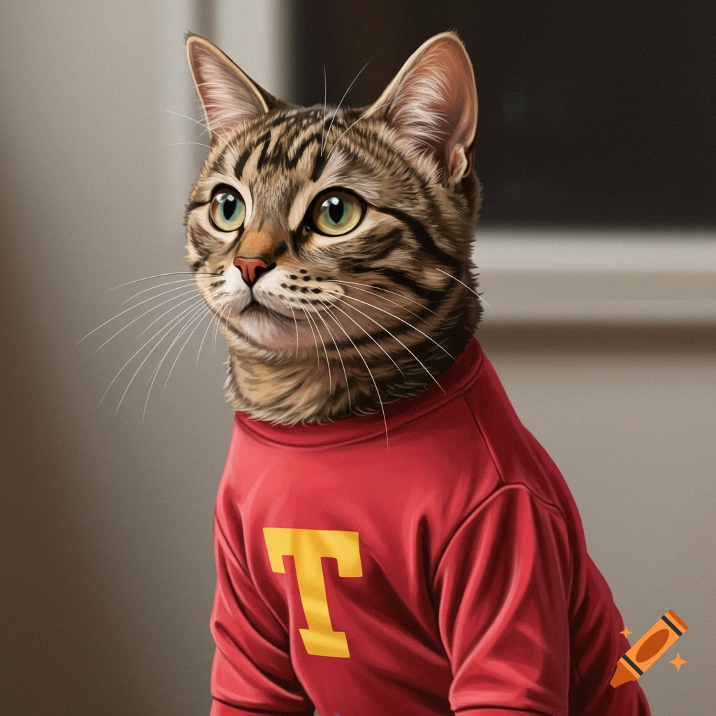 A realistic tabby cat wearing a red shirt with a yellow letter T.