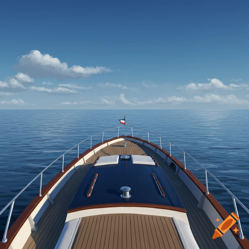 View from the front of a boat on calm water under a blue sky with clouds.