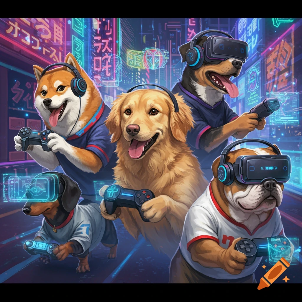 Dogs in a cyberpunk city play video games with VR headsets