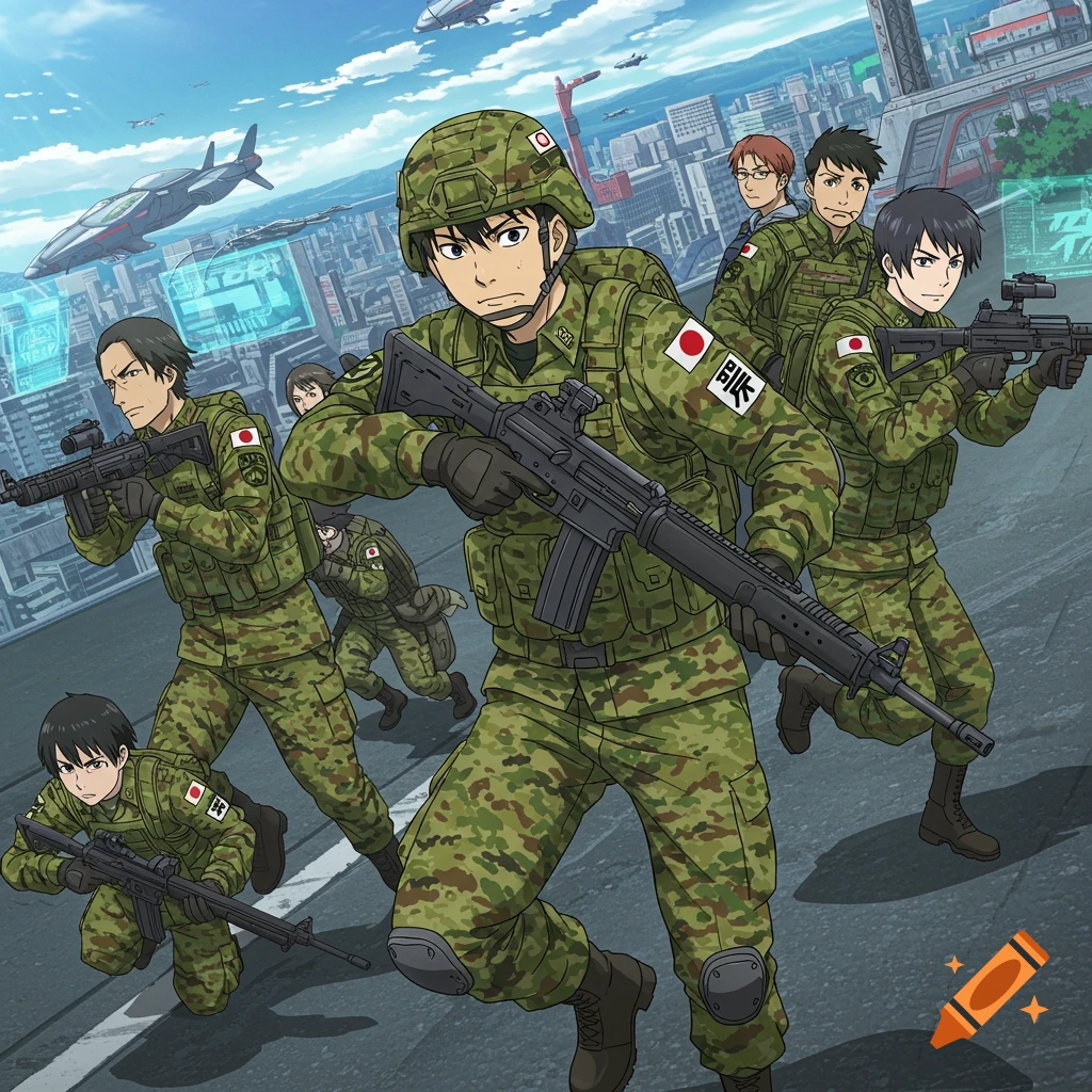 Anime soldiers in JSDF uniforms holding rifles against a city background.