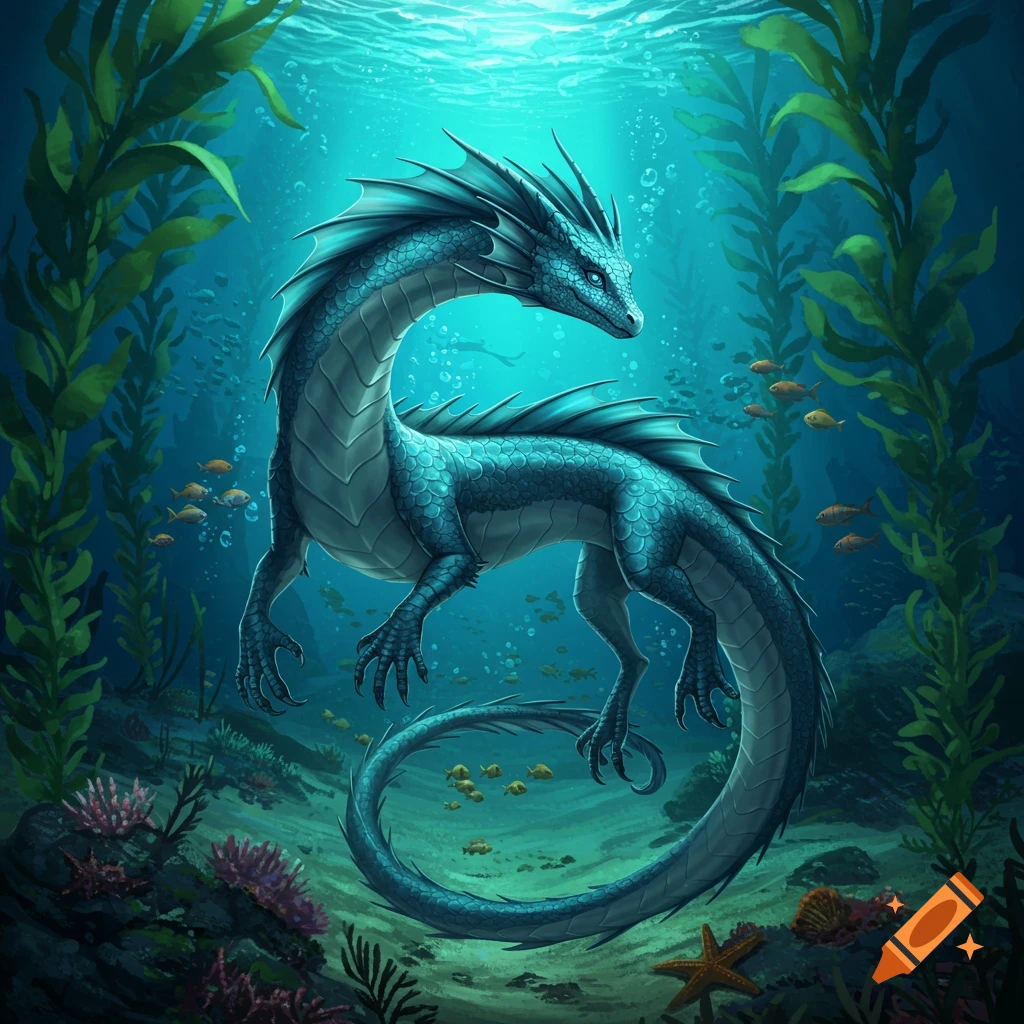 An aquamarine water dragon swims over the ocean floor among kelp and fish.