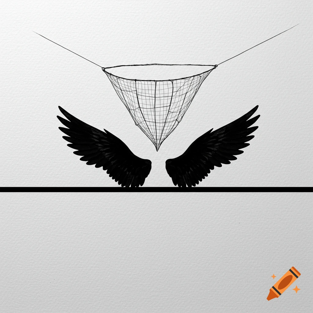 Black and white drawing of a net suspended above black wings sitting on a line.