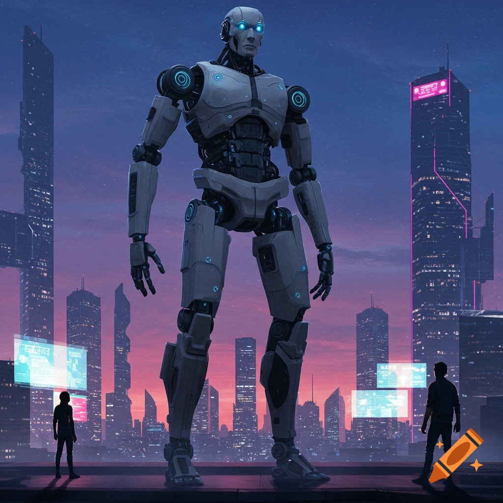 A giant robot stands in a futuristic city at sunset, observed by two figures on a rooftop.
