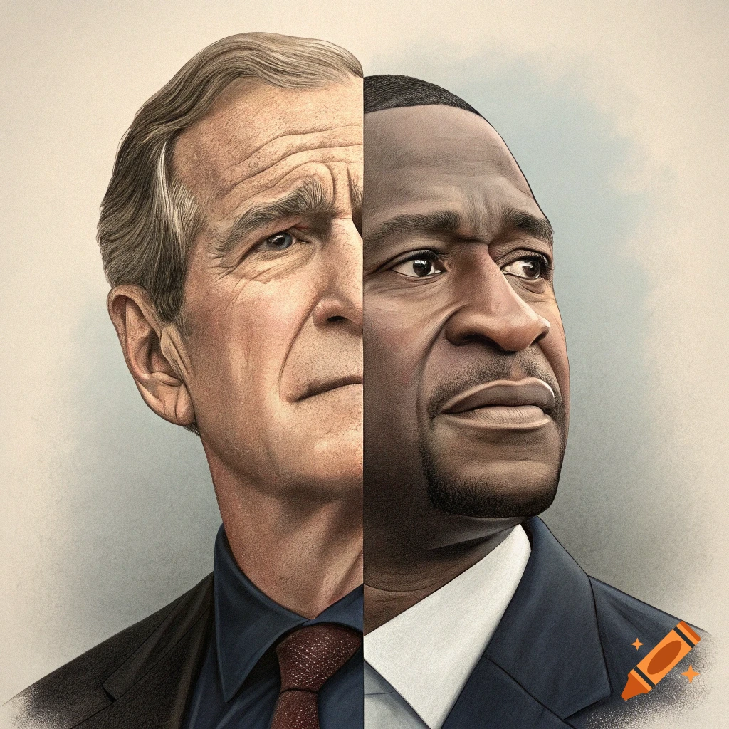 Illustration merging the faces of George W. Bush and George Floyd