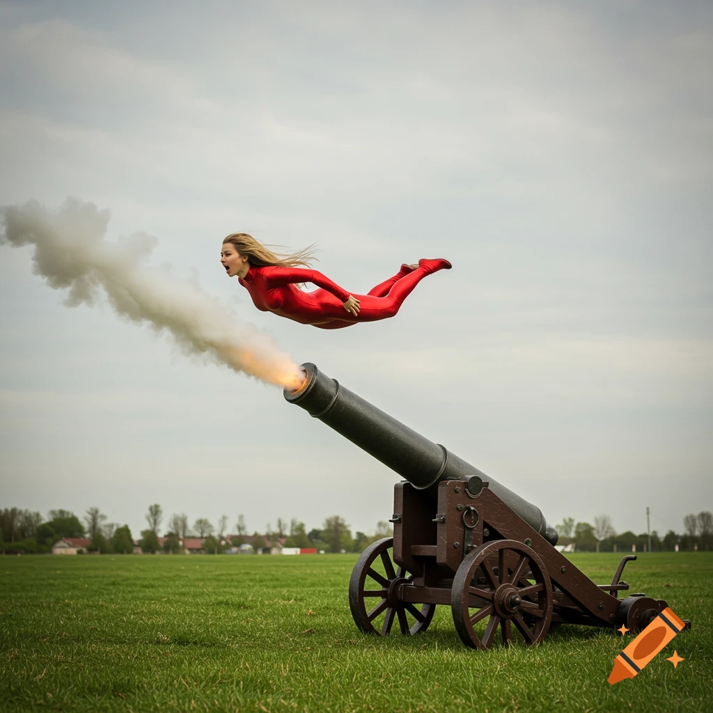 Woman in a red suit being shot from a cannon in a grassy field.