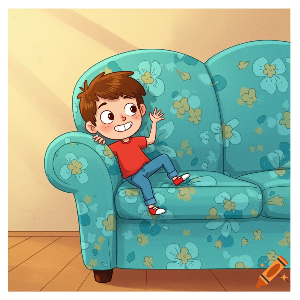 Cartoon illustration of a boy sitting on a floral couch and waving.