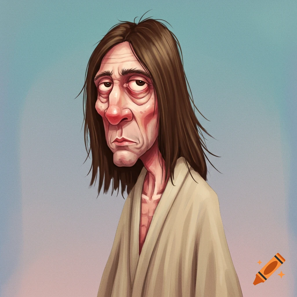 Cartoonish portrait of a thin man with long brown hair and a beige robe.