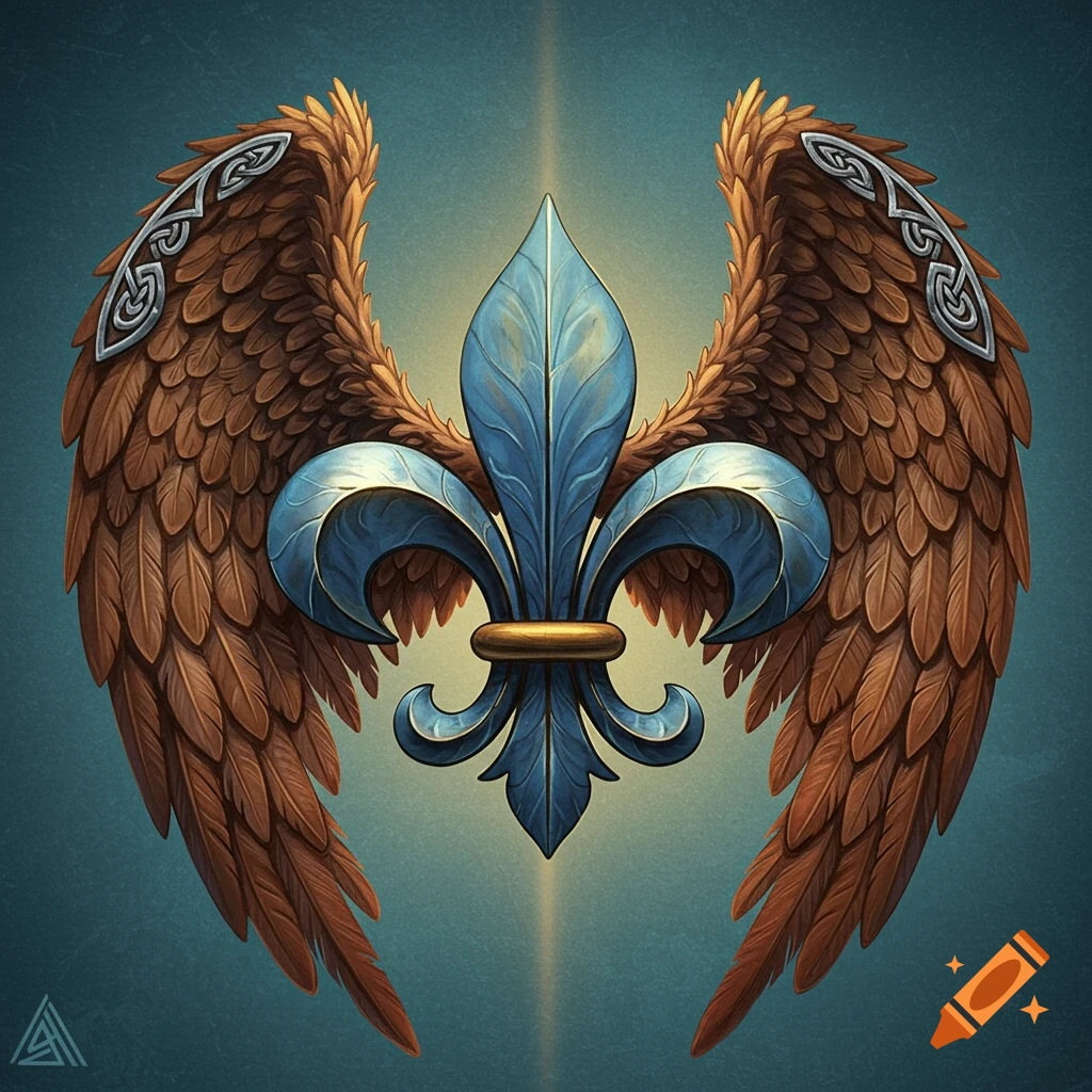 Blue fleur de lis symbol with brown feathered wings