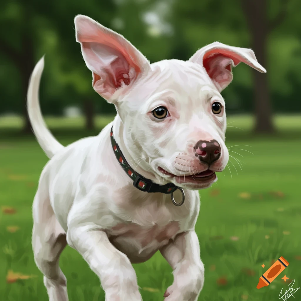 A white pitbull puppy running in a park.