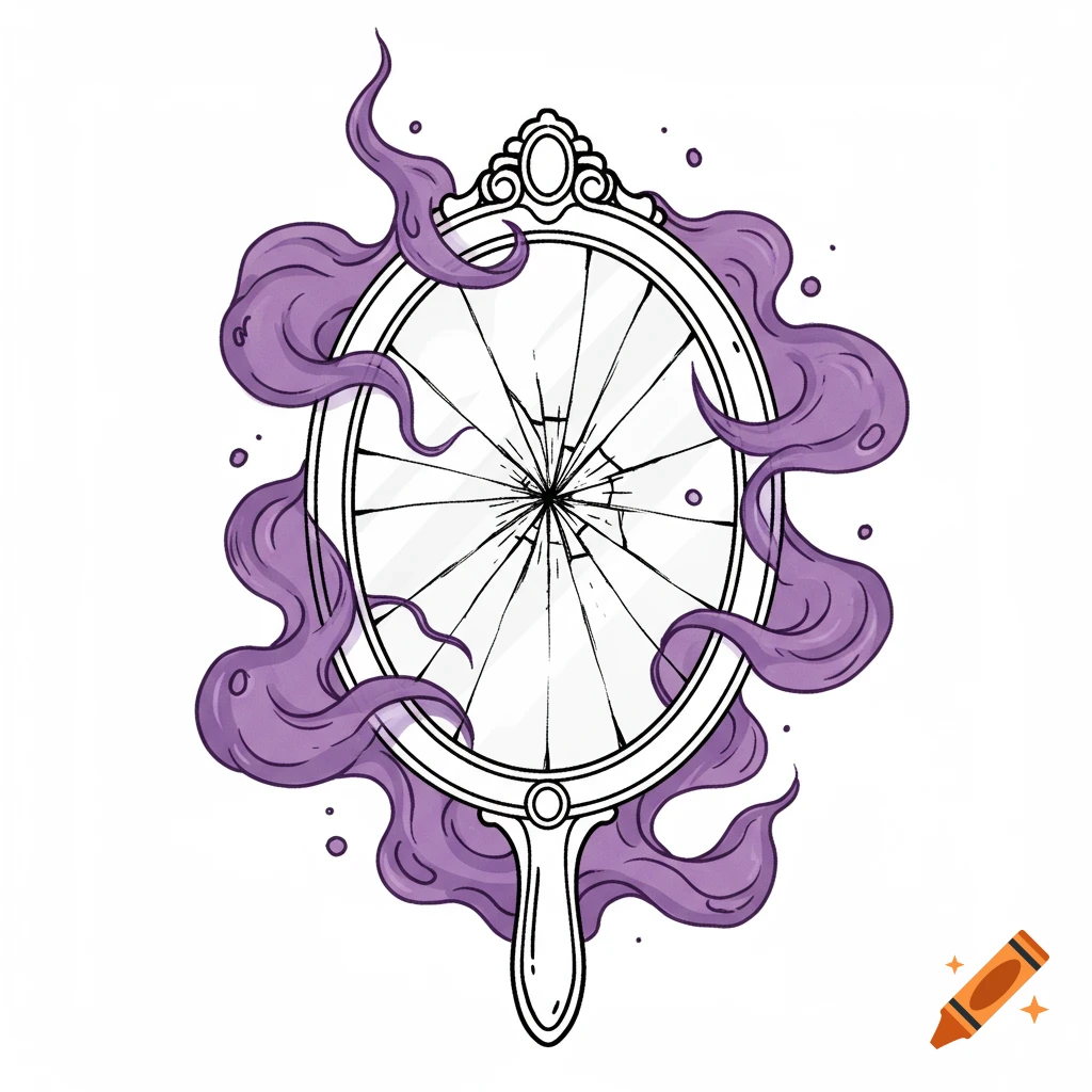 A simple outline drawing of a broken mirror surrounded by purple smoke.
