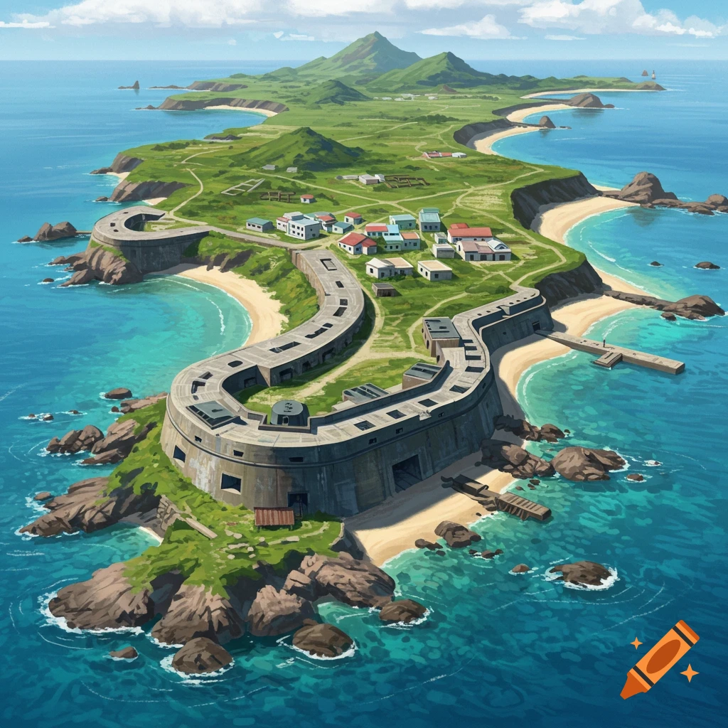Aerial view of a green island with beaches, mountains, a large curved concrete fort, and a small village.