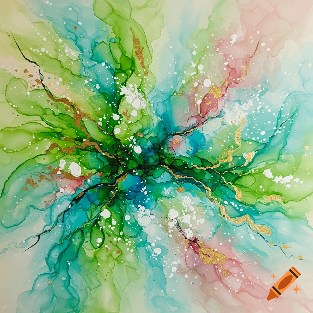 Abstract painting with swirling green, blue, and pink inks, gold details, and white splatter.