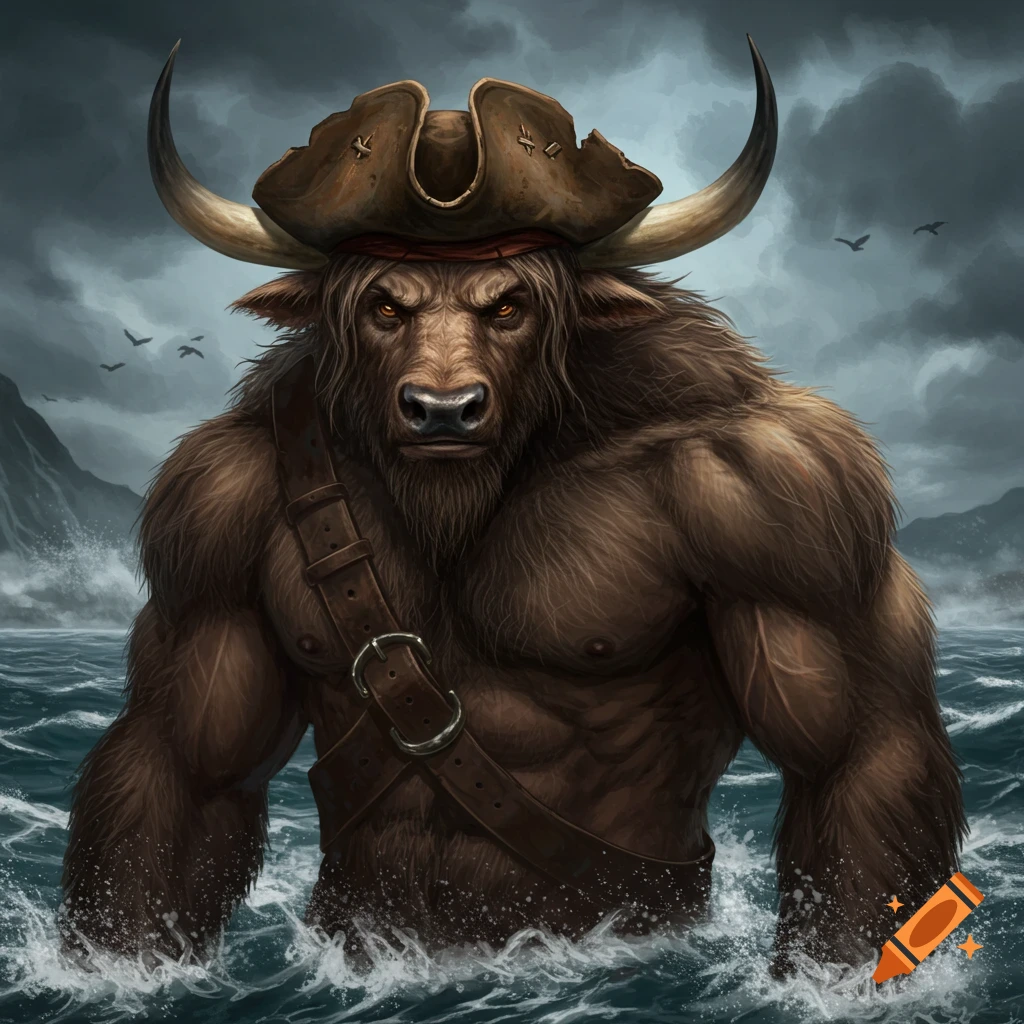 A muscular furry minotaur wearing a pirate hat stands in stormy seas. Digital illustration.