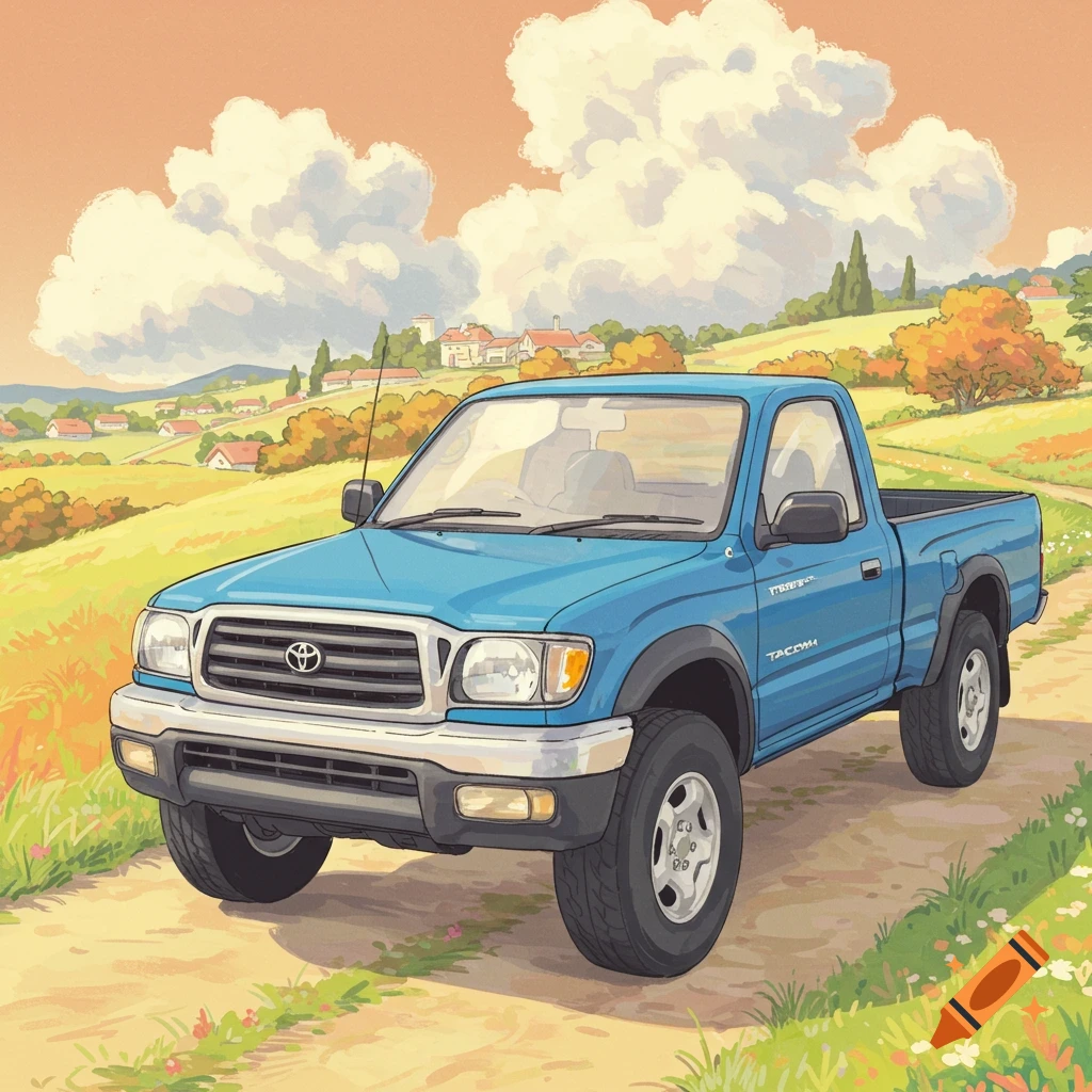 An anime-style illustration of a blue Toyota Tacoma pickup truck on a dirt road through a hilly, rural landscape.