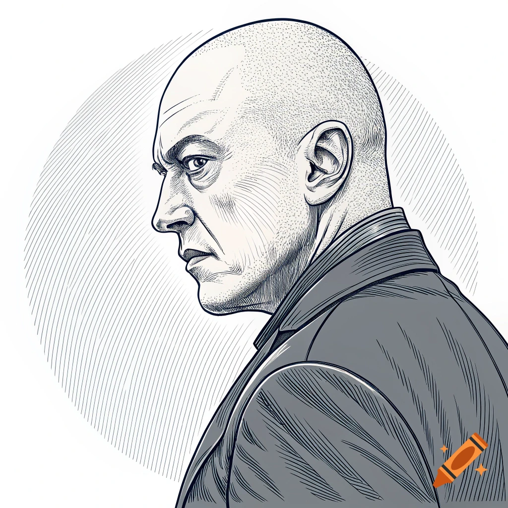 Side view line drawing illustration of an intense bald man in a suit jacket.