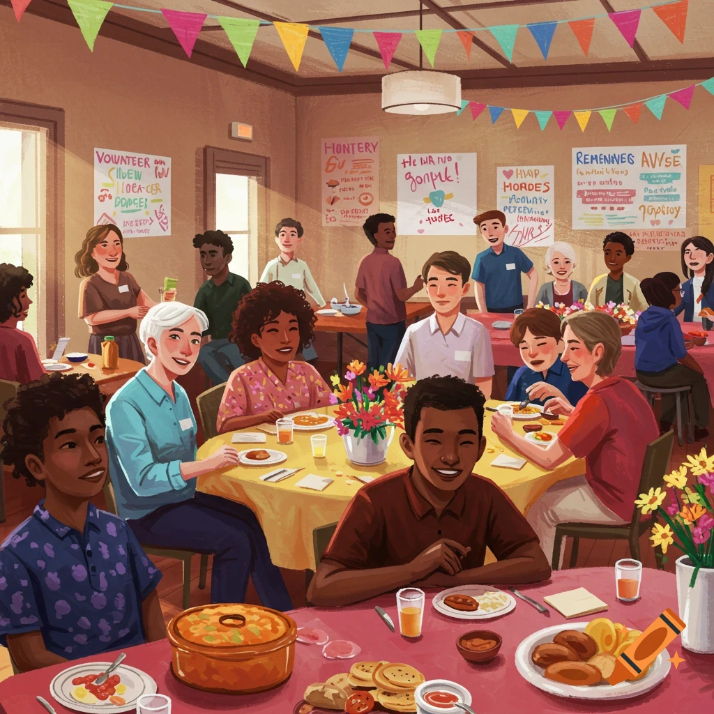 Illustration of diverse people eating at tables with flowers and decorations