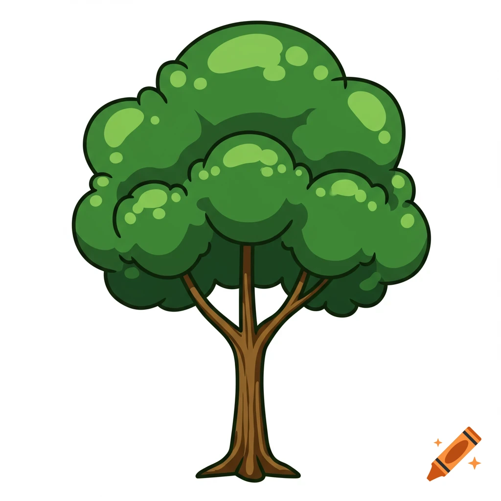 A cartoon illustration of a green tree with a brown trunk.
