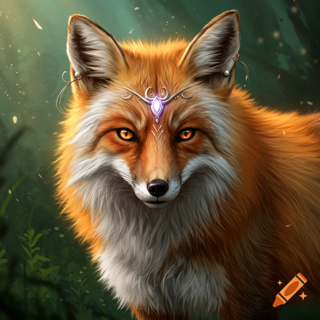 Fantasy illustration of a fox with golden eyes wearing a jeweled headpiece in a forest.