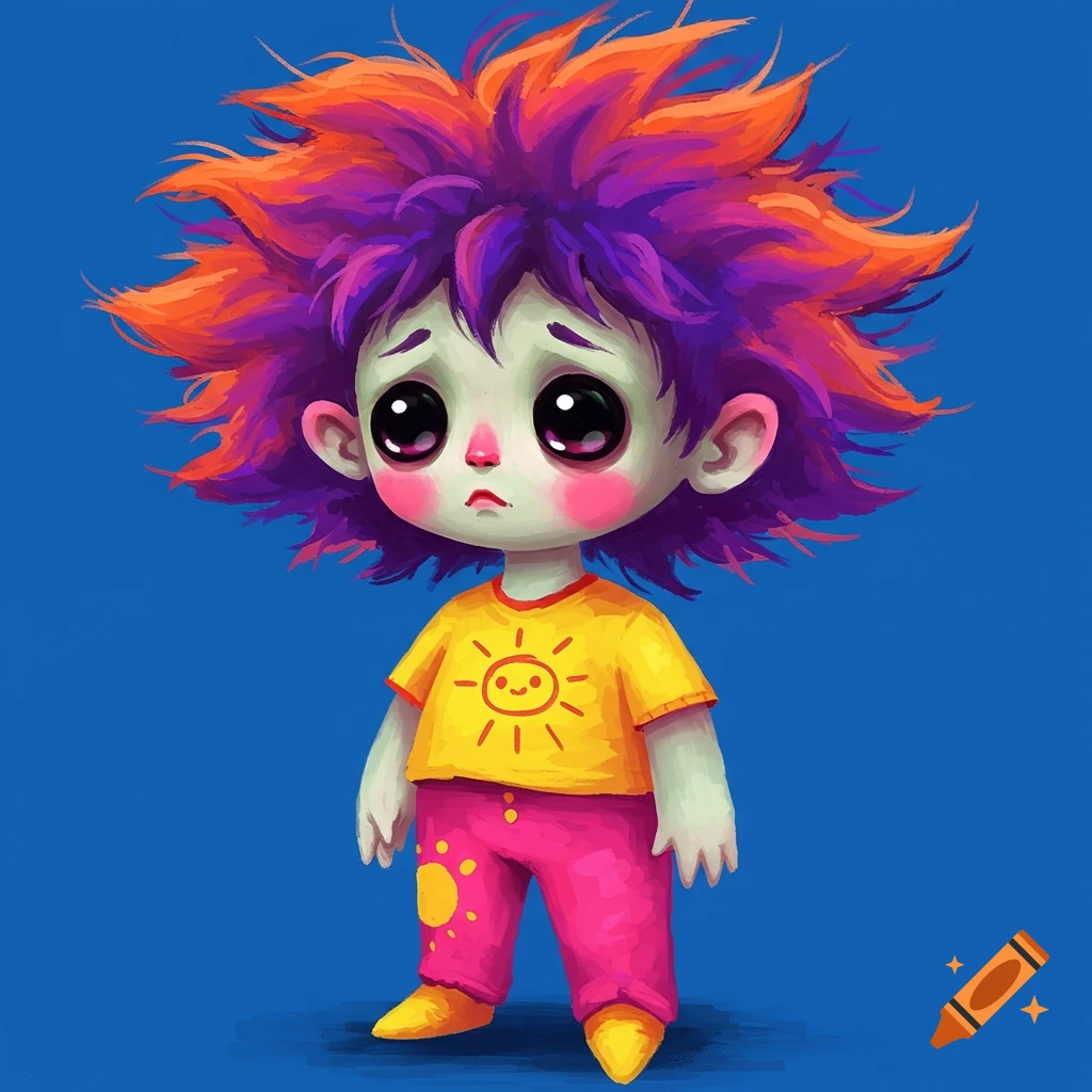 A sad, cartoonish child with big eyes, purple and orange spiky hair, wearing a yellow shirt with a sun symbol and pink pants.