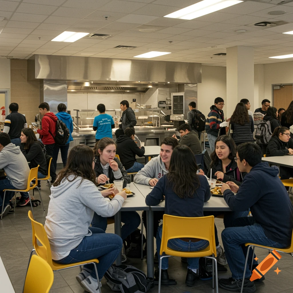 Photorealistic image of a busy cafeteria filled with students eating and standing at a counter.